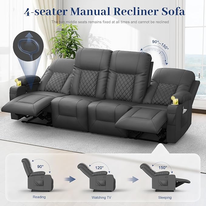 4 Seater Recliner Sofa, Home Theater Seating with Storage & Pocket, 4 Seat Reclining Couch with USB Ports & Phone Holders, Wall Hugger RV Sofa Furniture Loveseat Recliner Couch