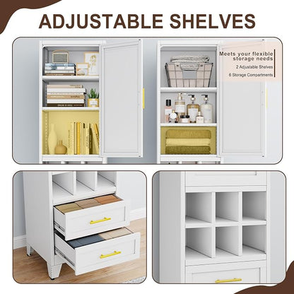 Tall Metal Narrow Storage Cabinet 67" H with 2 Drawer,White Kitchen Pantry Cabinets with 2 Adjustable Shelves and Door,Cuby Storage Orgainzer,Tall Bathroom Cabinet for Kitchen, Home Office,Dining Room