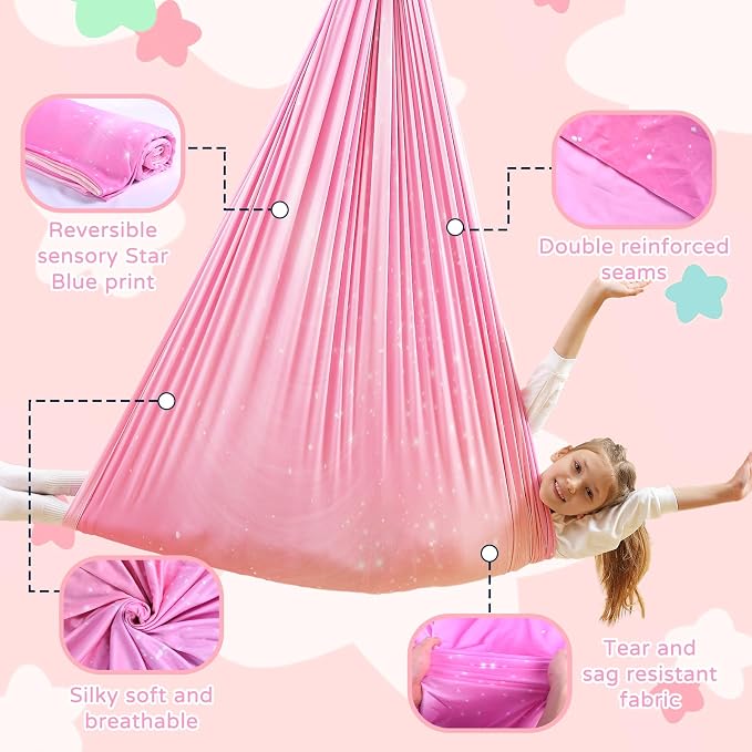 Sensory Swing for Kids Indoor & Outdoor Double Layer Therapy Cuddle Hammock Chair with 360° Swivel Hanger Kit Adjustable Child and Adult Aspergers Autism ADHD (Pink) (WUBOTIYU010)
