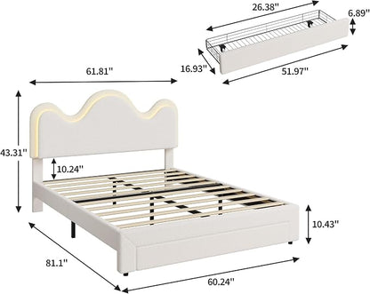 IDEALHOUSE Queen Bed Frame with LED Headboard and Under-Bed Drawer, Metal Upholstered Platform Bed with LED Light for Kids, Girls, Lamb Fleece Fabric, Wooden Slats Support, No Box Spring Needed, White