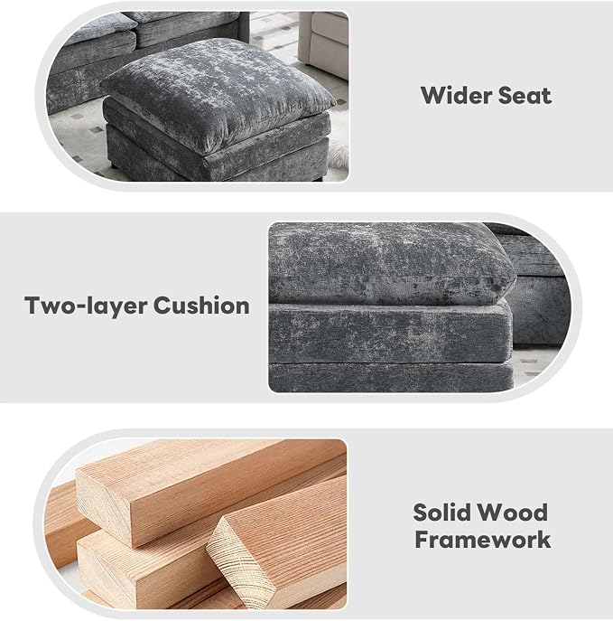 Iroomy 25" Chenille Ottoman, 9.5" Thick Cushion, Upholstered Footrest Modern Footstool & Bench for Living Room, Bedroom, Gray