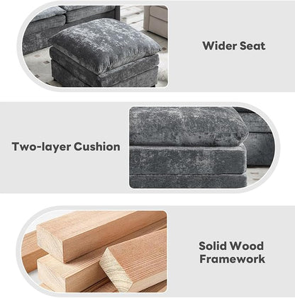 Iroomy 25" Chenille Ottoman, 9.5" Thick Cushion, Upholstered Footrest Modern Footstool & Bench for Living Room, Bedroom, Gray