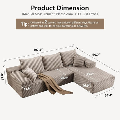 107.5" Cloud Sectional Couch with L-Shape Chaise, Modern Cloud Couch with Deep Seat, Modular Sectional Couches for Living Room, Apartment, Office, No Assembly Required