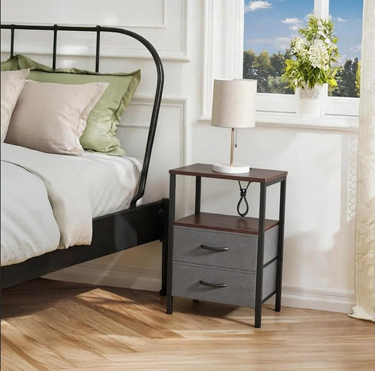 Huuger Nightstands Set of 2, End Tables with Charging Station, Fabric Drawers, Bedside Tables with USB Ports and Outlets, Night Stands for Bedroom, Walnut