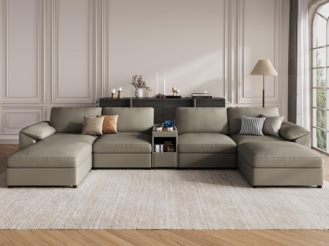 EASE MOOSE Leather Sectional Couch with Console, Oversized Modular Sectional Sofas, Wide Deep Seat Modular Couch, Scratch Resistant Faux Leather Material, U Shaped Sofa for Big Spaces,Light Grey