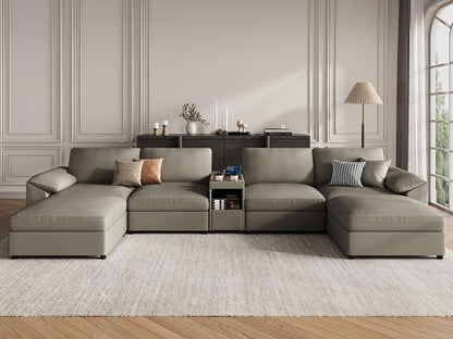 EASE MOOSE Leather Sectional Couch with Console, Oversized Modular Sectional Sofas, Wide Deep Seat Modular Couch, Scratch Resistant Faux Leather Material, U Shaped Sofa for Big Spaces,Light Grey