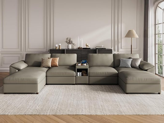 EASE MOOSE Leather Sectional Couch with Console, Oversized Modular Sectional Sofas, Wide Deep Seat Modular Couch, Scratch Resistant Faux Leather Material, U Shaped Sofa for Big Spaces,Light Grey