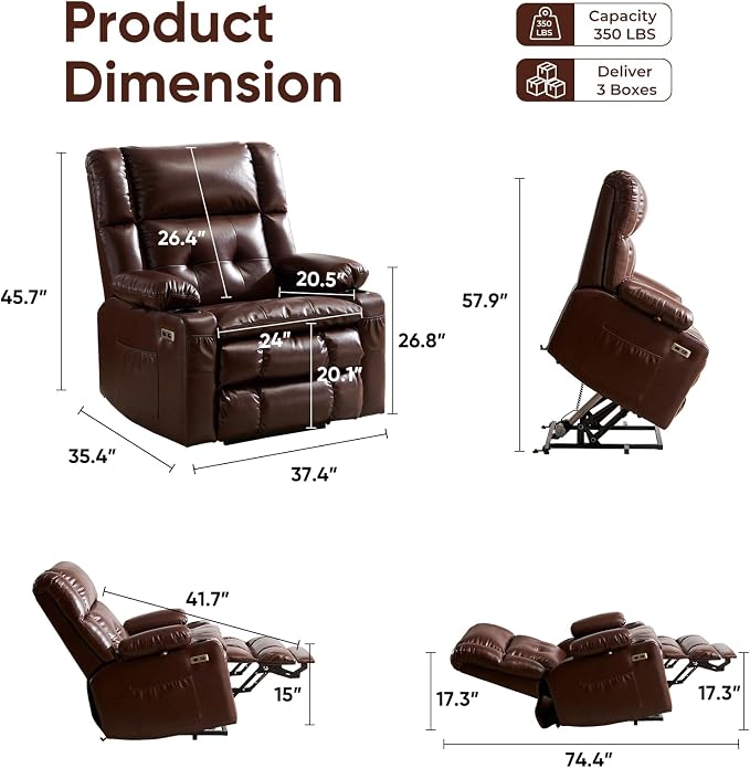 Dual Motor Power Lift Recliner Chair for Elderly with Massage and Heat, Oversized Lift Chair with Arm Storage, Lay Flat Lift Recliner for Adults, Big Tall, Infinite Position,Lving Room, Brown