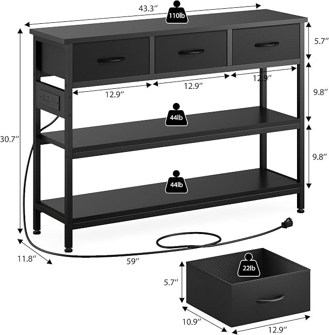 Lulive Entryway Table with Outlets, 3 Fabric Drawers, 43 in Console Table | 43.3"W x 11.8"D entry table with 2 outlets, 2 USB ports, swappable plug side, adjustable feet and anti-tip kit.
