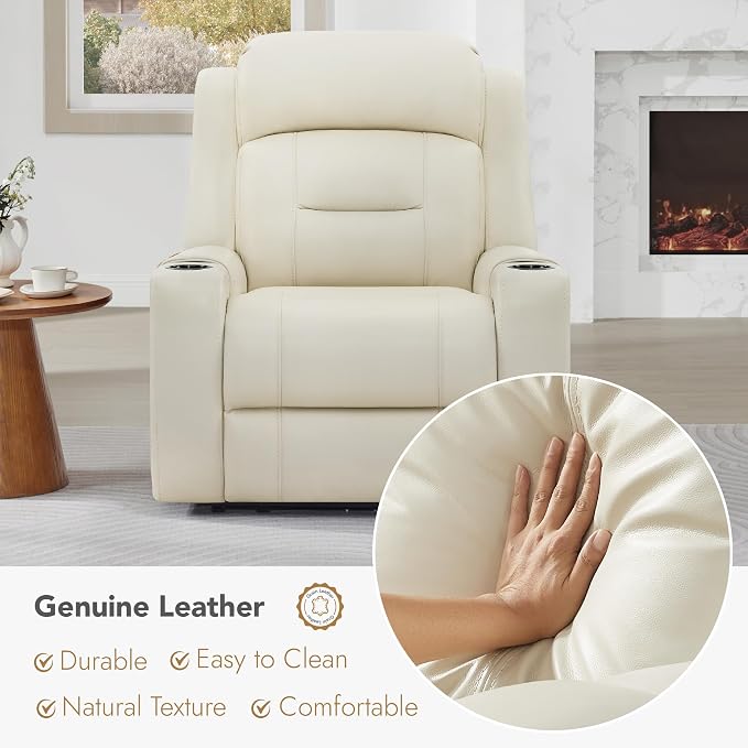 Watson & Whitely Genuine Leather Power Recliner Chairs for Adults, Lay Flat Recliner with Power Headrest, USB Ports and Cup Holders, Electric Reclining Sofa for Living Room, Bedroom, Cream