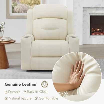 Watson & Whitely Oversized Genuine Leather Power Recliner Chairs for Big and Tall, Extra Wide Lay Flat Recliner with Power Headrest & Cup Holders, Electric Reclining Sofa for Living Room, Cream