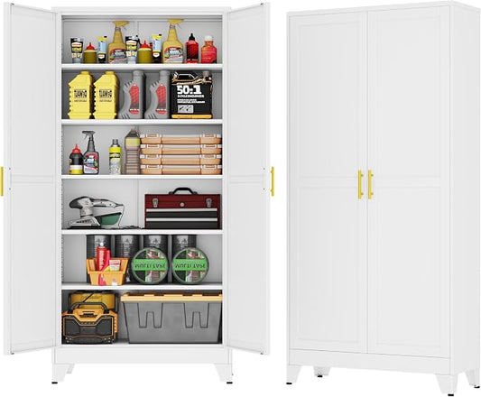 GAIOUS 75'' Tall Metal Garage Storage Cabinet,File Cabinet with 2 Doors and 5 Adjustable Shelves, Outdoor Steel Tool Cabinet for Home,Office,Warehouse,Garage,White