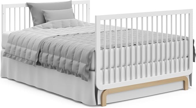 Storkcraft Santorini 5-in-1 Convertible Crib with Toddler Guardrail – GREENGUARD Gold Certified, Conversion Kit Included, 100% Solid Wood, Fits Standard Crib Mattress (White and Driftwood)