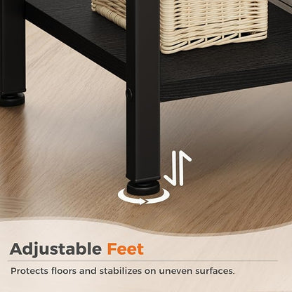 DUMOS Bedside Table with Charging Station and Adjustable Fabric Drawer Compact Nightstand 3-Tier Storage Organizer End Table for Bedroom,Black and Brown
