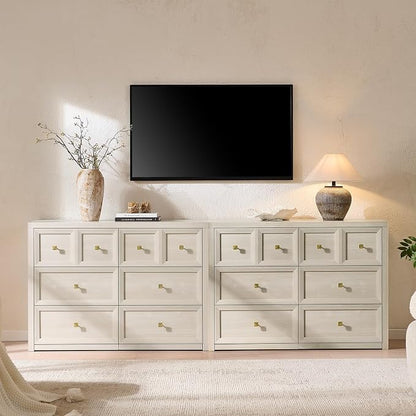 6 Drawers Dresser for Bedroom-46.5" Wide Wooden Chest of Drawers with Large Storage, Long Dresser TV Stand with Drawers, Farmhouse Closet Dressers for Living Room Bedroom, Grey White