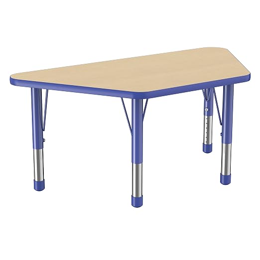 FDP Trapezoid Activity School and Classroom Kids Table (24 x 48 inch), Chunky Toddler Legs for Collaborative Seating Environments, Adjustable Height 15-24 inches - Maple Top and Blue Edge
