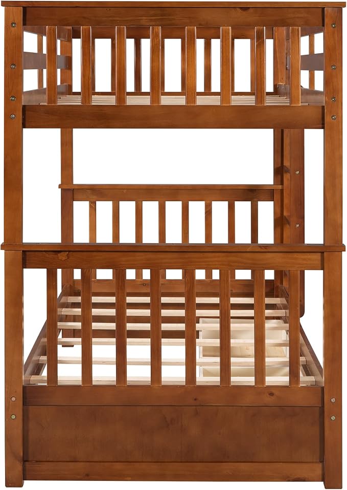 Merax Twin-Over-Twin Bunk Bed with Two Storage Drawers, Solid Wood Twin Size Bunk Bed with Guardrial and Removble Ladder, Can be Converted Into 2 Separate Beds, Walnut