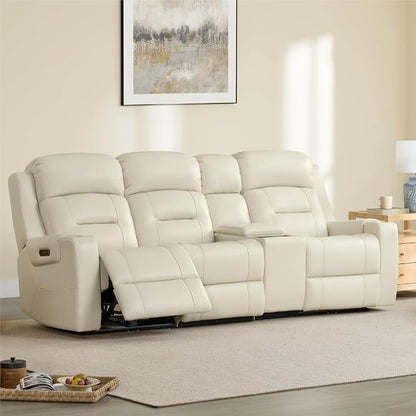 Watson & Whitely Genuine Leather Power Recliner Sofa, Lay Flat Reclining Sofa with Storage Console, Power Headrest & Cup Holders, 3 Seater Electric Reclining Couch for Living Room, Cream