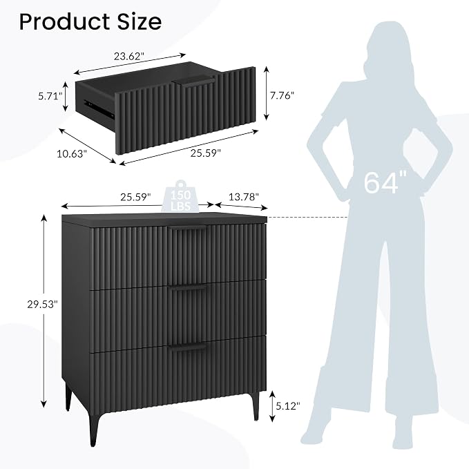 25.6" W Black Fluted Nightstand with 3 Drawer, Modern Wood Night Stands Bedside Table for Bedroom King/Queen Bed, End Table with Robot-Friendly Legs for Living Room,Entry