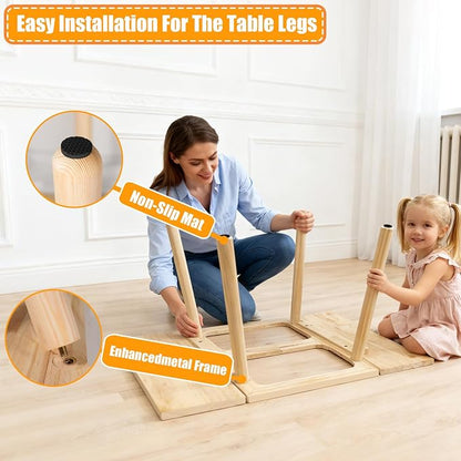 Large Solid Pine Wood Table with Flip Top, Activity Table with 2 Storage Bins & Double-Sided Board, Indoor/Outdoor Play Sand and Water, Multi-Functional Desk for Drawing Studying Dining
