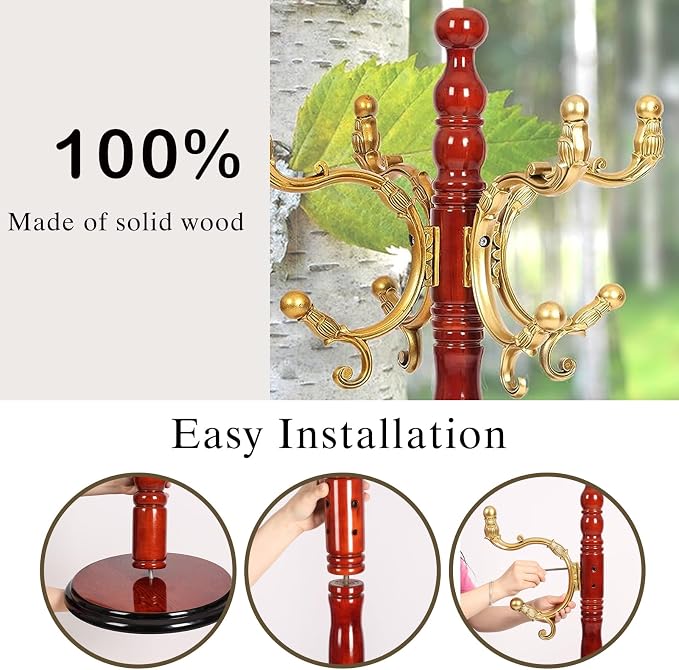 Wooden Coat Rack Freestanding, Hall Tree Hanger With Resin Hooks, Adjustable Heavy Duty Coat Rack for Hanging Clothes Bags Hats in Living Room Bedroom (coat rack, Round Base-Begonia Color)