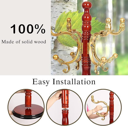 Wooden Coat Rack Freestanding, Hall Tree Hanger With Resin Hooks, Adjustable Heavy Duty Coat Rack for Hanging Clothes Bags Hats in Living Room Bedroom (coat rack, Round Base-Begonia Color)
