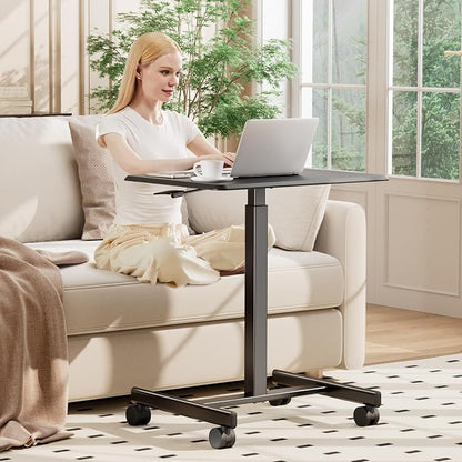 DUMOS Mobile Rolling Desk with Wheels Adjustable Height Small Standing Desks Portable Laptop PC Table Computer Workstation for Home Office Small Space Modern Black