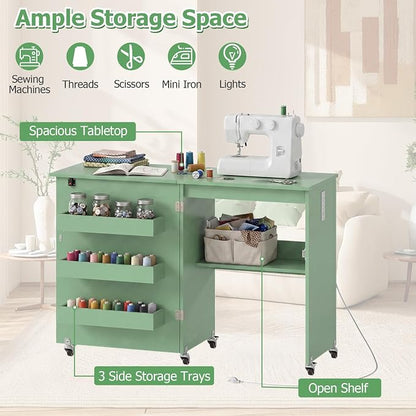 Giantex Folding Sewing Table with Charging Station, Rolling Craft Table with Storage Trays & Shelf, Foldable Sewing Machine Cabinet Desk with Lockable Wheels for Small Spaces (Sage)