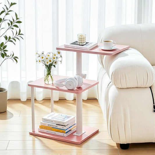 Faesun Swivel Side Table for Couch Arm, Adjustable C End Table for Recliner or Bed, Tv Trays with Storage Shelf for Small Spaces Small Nightstand Table for Living Room, Bedroom，Pink