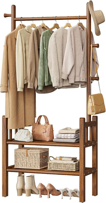 Yoobure Solid Wood Clothing Rack with Shelves - Coat Rack Freestanding with 6 Hooks, 3-in-1 Hall Tree for Hanging Clothes, Tall Garment Racks with Storage for Bedroom, Entryway, Living Room, Closet