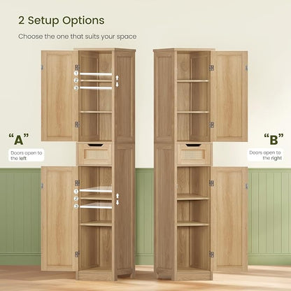Iwell Tall Bathroom Cabinet, Slim Narrow Storage Cabinet with Adjustable Shelves, Rattan Cabinets with 1 Drawer, for Bathroom, Living Room, Entryway, Kitchen, Nature