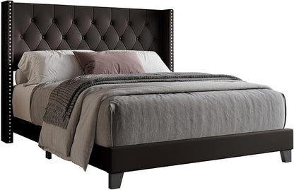 HOME DESIGN Homer Twin Tufted Wingback Upholstered Panel Bed with 2 Matching 1 Drawer Nightstands, Bedroom Furniture Set with Open Shelf Storage, Brown Black