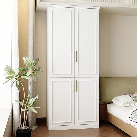 FUFU&GAGA Wardrobe Closet with 4 Doors, Modern White Bedroom Armoire with Gold Handles, Modern Clothes Storage Cabinet with Shelves & Hanging Rod for Cloakroom, 31.7”W x 19.3”D x 74.8”H