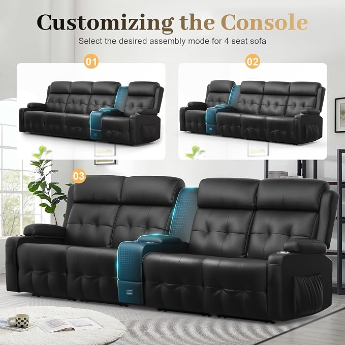 Recliner Sofa, Massage Reclining Sofa 4 Seater Sets Heavy Weight Capacity, RV Loveseat Couch Clearance with Console, USB, Type C Port, Storage, Cup Holders, Wall Hugger Chair for Living Room
