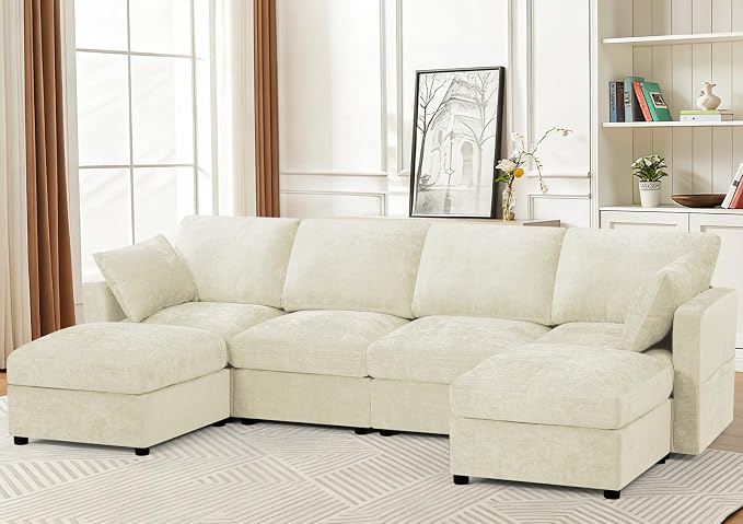 110” Chenille 4-Seats Sofa W/Two Movable Ottomans, Beige | Modern Fabric U-Shaped Couch w/Soft Backrests, Upholstered Sectional Sofa w/Arm Pillows for Living Room, Office