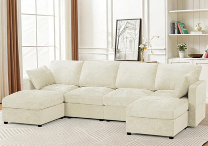 110” Chenille 4-Seats Sofa W/Two Movable Ottomans, Beige | Modern Fabric U-Shaped Couch w/Soft Backrests, Upholstered Sectional Sofa w/Arm Pillows for Living Room, Office