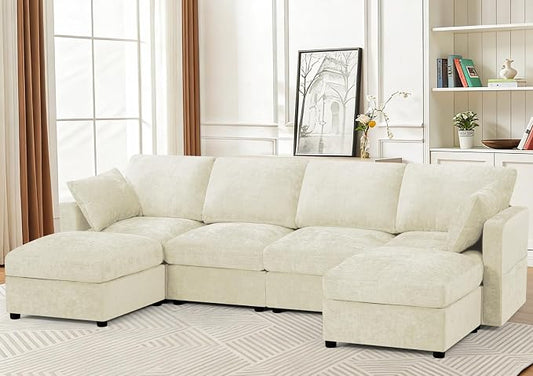 110” Chenille 4-Seats Sofa W/Two Movable Ottomans, Beige | Modern Fabric U-Shaped Couch w/Soft Backrests, Upholstered Sectional Sofa w/Arm Pillows for Living Room, Office