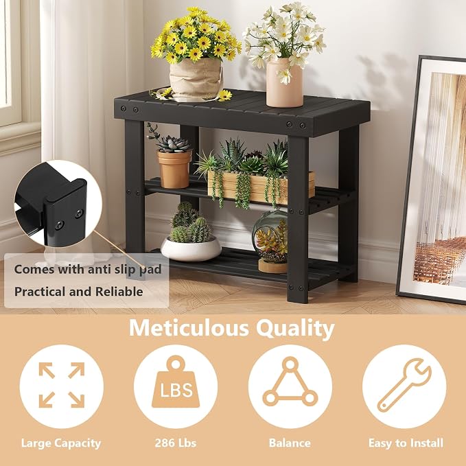 Sweetcrispy 3-Tier Shoe Rack Bench for Entryway, 19 Inches, Black | Bamboo Shoe Storage Bench, Shoes Rack for Entrance, Living Room, Balcony, 4 Pairs, 286lb Capacity