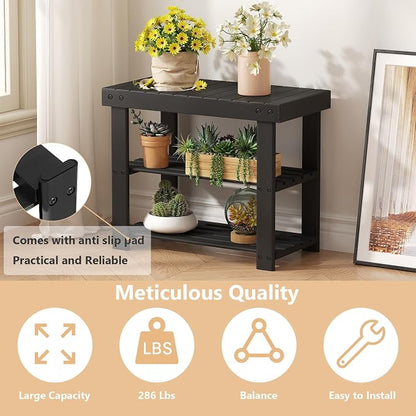 Sweetcrispy 3-Tier Shoe Rack Bench for Entryway, 19 Inches, Black | Bamboo Shoe Storage Bench, Shoes Rack for Entrance, Living Room, Balcony, 4 Pairs, 286lb Capacity