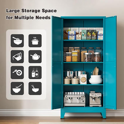 Metal Pantry Cabinet, 61" Tall Kitchen Storage Cabinet with 2 Doors and 3 Adjustable Shelves for Kitchen, Living Room, Dining Room, Bathroom and Home, Office (Blue, 1PC)