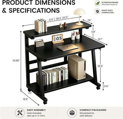 47.2 Inch Compact Rolling Computer Desk with Tier Worktable & Lockable Wheels, Small Computer Desk, Small Desk for Bedroom, Mobile Writing Workstation Easy Assembly for Home Office Small Spaces