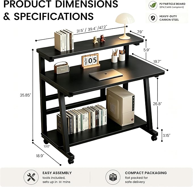 31.5 Inch Compact Rolling Computer Desk with Tier Worktable & Lockable Wheels, Small Computer Desk, Small Desk for Bedroom, Mobile Writing Workstation Easy Assembly for Home Office Small Spaces