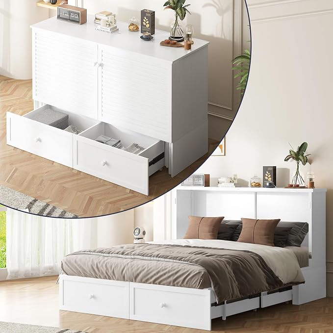 ijuicy Queen Cube Murphy Bed, Charge & Storage, Includes Mattress，White | Space-saving hideaway foldable design, practical temporary sleeping bed for guest room & small space use