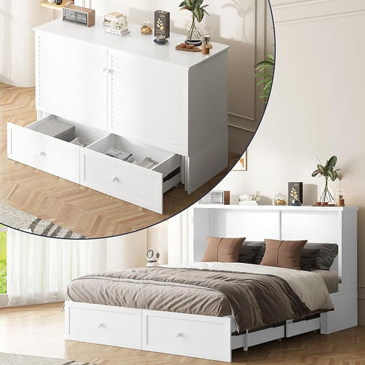 ijuicy Queen Cube Murphy Bed, Charge & Storage, Includes Mattress，White | Space-saving hideaway foldable design, practical temporary sleeping bed for guest room & small space use