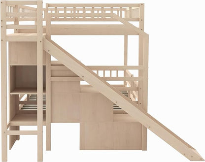Full Over Full Bunk Bed with Slide and Staircase