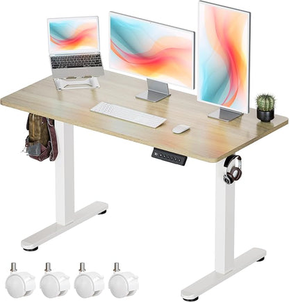 Okin Standing Desk Electric Adjustable Computer Whole Piece Stand up Desk with Wheels Office Gaming Home Office Memory Desks 48x24 inches Cream Pecans