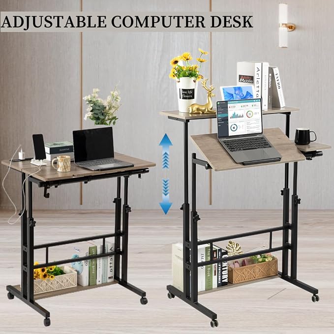 Hadulcet Rolling Stand Up Desk Adjustable Height - Portable Standing Desk with Wheels & Charging Station, Mobile Laptop Desk Small Standing Desk Drawing Table, Grey