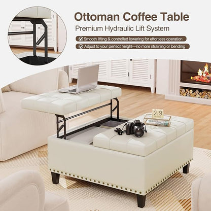FiveWillowise Square Leather Ottoman with Storage, Faux Leather Coffee Table with Lift Top,Large Upholstered Footrest Stool Toy Box Storage Bench for Bedroom Living Room, Ivory White