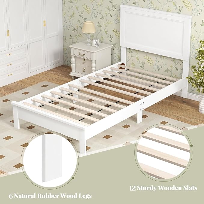 Wood Bed Frames with Headboard, Mid Century Bed Frame with Solid Wood Legs & Wooden Slat Support, Mattress Foundation Bed Base, No Box Spring Needed, (White, Twin)