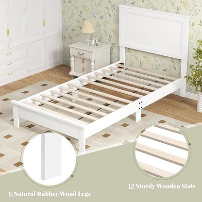 Wood Bed Frames with Headboard, Mid Century Bed Frame with Solid Wood Legs & Wooden Slat Support, Mattress Foundation Bed Base, No Box Spring Needed, (White, Twin)